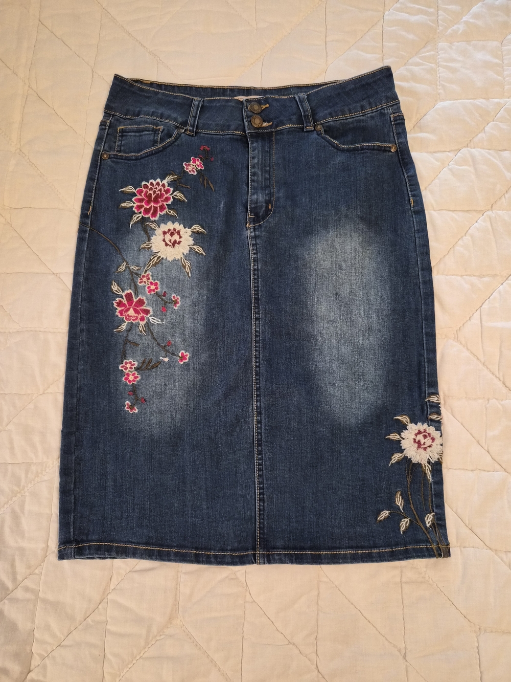 Sandpiper Floral Embroidered Denim Pencil Skirt- Size 8